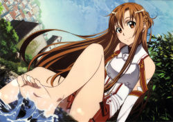Rule 34 | 10s, 1girl, absurdres, asuna (sao), bare legs, barefoot, blush, cleaned, cross, detached sleeves, feet, highres, looking at viewer, nature, official art, soaking feet, soles, sword art online, toes, water