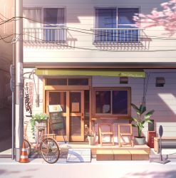 Rule 34 | bicycle, building, bwsong, cafe, cherry blossoms, chinese commentary, commentary request, door, highres, indoors, no humans, original, outdoors, plant, potted plant, power lines, shadow, traffic cone, utility pole, window, wooden chair