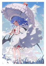 Rule 34 | 1girl, absurdres, beret, black wings, blue hair, blue sky, blush, border, bow, closed mouth, cloud, cloudy sky, day, dress, falling petals, flower, frilled dress, frilled umbrella, frills, grass, hair between eyes, hat, highres, holding, holding umbrella, looking at viewer, measho, medium hair, outdoors, parasol, petals, pointy ears, red bow, red eyes, red ribbon, remilia scarlet, ribbon, sky, solo, touhou, umbrella, white border, white flower, white footwear, white hat, wind, wings