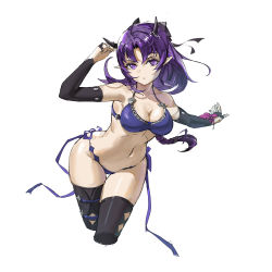 Rule 34 | 1girl, absurdres, arknights, arm up, armpits, bare shoulders, black gloves, black thighhighs, breasts, cleavage, closed mouth, collarbone, cropped legs, fad man, fingerless gloves, gloves, hibiscus (arknights), hibiscus the purifier (arknights), highres, horns, large breasts, long hair, looking at viewer, medium breasts, navel, outstretched arm, parted bangs, pointy ears, ponytail, purple eyes, purple hair, simple background, stomach, thigh gap, thighhighs, thighs, white background