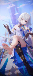 Rule 34 | 1girl, bare shoulders, barefoot, boots, breasts, bronya rand, closed mouth, crossed legs, day, detached sleeves, dress, drill hair, earrings, elbow gloves, english text, gloves, grey eyes, grey hair, head tilt, highres, holding, holding rope, honkai: star rail, honkai (series), icecake, jewelry, long hair, long sleeves, medium breasts, outdoors, rope, single boot, single thighhigh, sitting, solo, thighhighs, very long hair, white dress