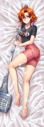 Rule 34 | 1girl, :t, adsouto, artist name, barefoot, bed sheet, black shirt, blue eyes, breasts, brown hair, cleavage, closed mouth, collarbone, dakimakura (medium), from above, full body, hair between eyes, hair intakes, hammer, headphones, headphones around neck, highres, holding, holding hammer, looking at viewer, lying, medium breasts, nora valkyrie, on side, pink shorts, pout, print shirt, print shorts, rwby, shirt, short hair, short shorts, short sleeves, shorts, soles, solo, war hammer, weapon