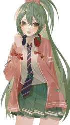 Rule 34 | 1girl, :d, arm behind back, bad id, bad pixiv id, blush, bow, cable, cardigan, collared shirt, emblem, green eyes, green hair, hair bow, half updo, hand up, hatsune miku, headphones, headphones around neck, highres, long hair, long sleeves, looking at viewer, necktie, nonda., open mouth, pleated skirt, ponytail, project diva (series), ribbon girl (module), school uniform, shirt, skirt, sleeve bow, smile, solo, striped necktie, tie clip, unbuttoned, very long hair, vocaloid