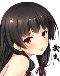 Rule 34 | 10s, 1girl, :p, bad id, bad twitter id, bare shoulders, black hair, blush, character name, closed mouth, from side, hair ribbon, isokaze (kancolle), kantai collection, long hair, looking at viewer, red eyes, red ribbon, ribbon, simple background, smile, solo, tabata hisayuki, tongue, tongue out, upper body, white background