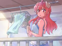 Rule 34 | 1girl, :o, ahoge, balcony, blue shirt, blush, brown eyes, casual, commentary request, curled horns, day, demon girl, demon horns, floating hair, from side, highres, holding, horns, icorasama, lilith (machikado mazoku), long hair, looking at viewer, machikado mazoku, open mouth, outdoors, partial commentary, red hair, shirt, sidelocks, sleeveless, sleeveless shirt, solo, spaghetti strap, tareme, yoshida yuuko (machikado mazoku)