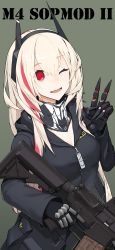 Rule 34 | 1girl, absurdres, assault rifle, bad id, bad pixiv id, black jacket, blonde hair, character name, girls&#039; frontline, gun, hair between eyes, hairband, headgear, highres, holding, holding gun, holding weapon, jacket, long hair, long sleeves, m4 sopmod ii, m4 sopmod ii (girls&#039; frontline), mechanical arms, mikoto (oi plus), multicolored hair, one eye closed, open mouth, prosthesis, prosthetic arm, red eyes, red hair, rifle, scarf, simple background, single mechanical arm, solo, streaked hair, v, weapon, zipper