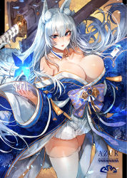 Rule 34 | 1girl, animal ear fluff, animal ears, azur lane, bare shoulders, blue butterfly, blue eyes, blue kimono, breasts, bug, butterfly, detached collar, detached sleeves, eyelashes, fox ears, fox tail, hair between eyes, highres, huge breasts, insect, japanese clothes, kimono, kitsune, kyuubi, long hair, magic, miniskirt, multiple tails, off shoulder, sheath, sheathed, shinano (azur lane), signo aaa, skirt, skirt under kimono, solo, standing, sword, tail, thighhighs, very long hair, weapon, white hair, white skirt, white tail, white thighhighs, wide sleeves, zettai ryouiki