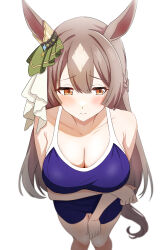 Rule 34 | 1girl, absurdres, animal ears, blue one-piece swimsuit, blush, bow, braid, breasts, brown hair, cleavage, closed mouth, collarbone, commentary request, ear ribbon, green ribbon, highres, horse ears, horse girl, horse tail, large breasts, long hair, looking to the side, musha no kozi, one-piece swimsuit, orange eyes, ribbon, satono diamond (umamusume), simple background, solo, standing, swimsuit, tail, tracen swimsuit, umamusume, white background