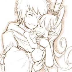 Rule 34 | 1boy, 1girl, :d, ^ ^, carrying, charlotta (granblue fantasy), closed eyes, crown, curly hair, dress, closed eyes, gran (granblue fantasy), granblue fantasy, happy, harvin, harvin, hug, long hair, monochrome, open mouth, pointy ears, size difference, smile, walkalone