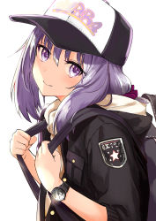 Rule 34 | 1girl, absurdres, backpack, bag, baseball cap, black hat, black jacket, blush, closed mouth, clothes writing, commentary request, glint, hair between eyes, hat, highres, holding, hood, hood down, hooded jacket, jacket, long hair, miruto netsuki, original, purple eyes, purple hair, short sleeves, smile, solo, watch, white background, wristwatch