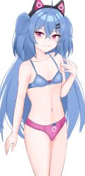 Rule 34 | 1girl, absurdres, animal ears, belly, blue bra, blue hair, bow, bow panties, bra, breasts, chiaki katsumi, commission, fake animal ears, flat chest, hair ornament, hairclip, highres, long hair, looking at viewer, navel, panties, pink eyes, pink panties, pixellink, power symbol, simple background, small breasts, solo, thighs, underwear, virtual youtuber, white background