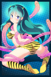 Rule 34 | 1girl, animal print, arms behind back, ass, bikini, blue eyes, boots, bound, bound arms, breasts, cone horns, eyeshadow, from behind, fugetsu taku, full body, green hair, highres, horns, imminent rape, knee boots, kneeling, legs, long hair, looking back, lum, makeup, restrained, sideboob, solo, spread legs, strapless, strapless bikini, swimsuit, tentacles, thighs, tiger print, tiger stripes, urusei yatsura
