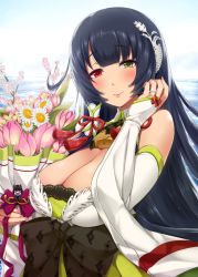 Rule 34 | 1girl, bare shoulders, black hair, blue sky, blush, bouquet, breasts, bridal gauntlets, cleavage, closed mouth, cloud, commentary request, darkmaya, day, detached sleeves, dress, flower, furisode, green dress, green eyes, hair between eyes, hair ornament, hair ribbon, hair tubes, hakama, hakama skirt, hand up, heterochromia, holding, holding bouquet, japanese clothes, jewelry, kantai collection, kimono, large breasts, long hair, long sleeves, looking at viewer, low-tied long hair, mizuho (kancolle), obi, ocean, ornate ring, outdoors, parted lips, red eyes, ribbon, ring, sash, sidelocks, skirt, sky, sleeves past wrists, smile, solo, upper body, very long hair, wedding ring