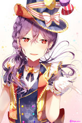 Rule 34 | alternate hairstyle, balloon, bang dream!, blush, braid, brooch, crossed bangs, earrings, gloves, hair between eyes, hat, hat ribbon, highres, index finger raised, jewelry, long hair, looking at viewer, multicolored clothes, open mouth, ponytail, purple hair, red eyes, ribbon, seta kaoru, short sleeves, smile, solo, sparkle, striped ribbon, taya oco, top hat, twitter username, upper body, v-shaped eyebrows, vest, white gloves