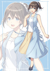 Rule 34 | 1girl, :d, bare arms, bare shoulders, black footwear, black hair, blue eyes, blue jacket, blush, brown skirt, collarbone, earrings, hair between eyes, hair ornament, hair scrunchie, hand up, highres, jacket, jewelry, looking at viewer, mono lith, open clothes, open jacket, open mouth, original, ponytail, scrunchie, shirt, shoes, skirt, sleeveless, sleeveless jacket, sleeveless shirt, smile, solo, striped clothes, striped jacket, stud earrings, vertical-striped clothes, vertical-striped jacket, white scrunchie, white shirt, zoom layer