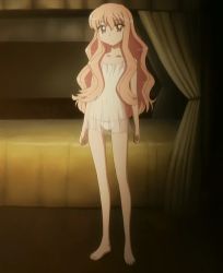 Rule 34 | 00s, 1girl, barefoot, indoors, lingerie, louise francoise le blanc de la valliere, negligee, panties, screencap, solo, standing, stitched, third-party edit, underwear, underwear only, white panties, zero no tsukaima