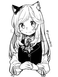 Rule 34 | 1girl, alternate hair length, alternate hairstyle, animal ears, arknights, blush, cat ears, cat girl, collared shirt, cropped torso, flying sweatdrops, greyscale, highres, long hair, long sleeves, looking at viewer, monochrome, mousse (arknights), neck ribbon, necktie, no headwear, ribbon, shirt, simple background, sketch, solo, sweatdrop, twitter username, upper body, vest, white background, yom (ymayma00ss)