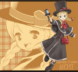 Rule 34 | 00s, 1girl, :d, august (coyote ragtime show), bag, black dress, blonde hair, blue eyes, bow, bowtie, braid, capelet, coyote ragtime show, dress, full body, handbag, hat, long sleeves, looking at viewer, open mouth, over shoulder, red bow, red bowtie, short hair, smile, solo, takano natsuki, top hat, twin braids