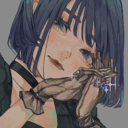 Rule 34 | 1girl, absurdres, black gloves, blue eyes, blue hair, bob cut, closed mouth, commentary, dutch angle, gloves, grey background, hands up, highres, jewelry, looking at viewer, multiple rings, ogasawara hikari (true tears (eroge)), original, own hands clasped, own hands together, ponytail, red lips, ring, see-through gloves, short hair, simple background, solo, symbol-only commentary, yudouhu (yudouhu yu 102)