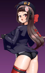 Rule 34 | 1girl, ahoge, ass, belt, beret, black gloves, blush, bow, bowtie, brown hair, contrapposto, eyes visible through hair, flower, girls&#039; frontline, gloves, gradient background, hair flower, hair ornament, hat, jacket, long hair, looking at viewer, looking back, nijitama shiyushiyu, open clothes, open jacket, open mouth, partially fingerless gloves, pink eyes, purple background, red bow, red bowtie, rex zero 1 (girls&#039; frontline), short shorts, shorts, simple background, single thighhigh, solo, thick thighs, thigh belt, thigh strap, thighhighs, thighs, tongue