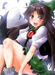 Rule 34 | 1girl, :d, arm cannon, ass, bare legs, black hair, black wings, blush, bow, breasts, cape, commentary request, feathered wings, feathers, frilled shirt collar, frills, green bow, green skirt, grey footwear, hair bow, half updo, highres, knees up, large breasts, long hair, looking at viewer, miniskirt, open mouth, oshiaki, petticoat, puffy short sleeves, puffy sleeves, red eyes, reiuji utsuho, short sleeves, simple background, sitting, skirt, smile, solo, thighs, touhou, very long hair, weapon, white background, white cape, wings