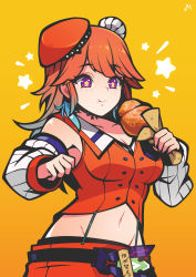 Rule 34 | 1girl, absurdres, bacon strips, belt, breasts, chef hat, chicken (food), chicken leg, commentary, detached sleeves, eating, english commentary, food, hat, highres, holding, holding food, hololive, hololive english, looking down, medium breasts, navel, orange hair, purple eyes, smile, solo, star-shaped pupils, star (symbol), symbol-shaped pupils, takanashi kiara, takanashi kiara (1st costume), virtual youtuber