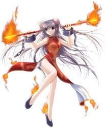 Rule 34 | 1girl, bare legs, bare shoulders, blue hair, bun cover, chain, china dress, chinese clothes, cuffs, double bun, dress, fire, grey eyes, hair bun, izumo, long hair, red dress, shoes, side slit, silver hair, simple background, smile, solo, staff, suzaku, suzaku (izumo), very long hair, white background, yamamoto kazue, yellow eyes