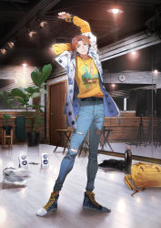 Rule 34 | 1boy, arms up, backpack, bag, blue footwear, blue pants, blue shirt, bottle, brown hair, clock, closed mouth, denim, door, hand up, highres, indoors, jeans, light and night love, long sleeves, male focus, mirror, official art, open clothes, open shirt, pants, plant, potted plant, reflection, ryota-h, shirt, shoes, smile, sneakers, solo, speaker, stretching, torn clothes, torn pants, unworn backpack, unworn bag, unworn shoes, wall clock, white shirt, yellow eyes