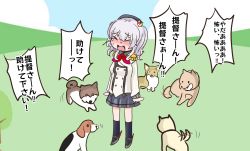 Rule 34 | 1girl, beret, black hat, buttons, closed eyes, commentary request, crying, dog, epaulettes, frilled sleeves, frills, grey hair, grey skirt, hat, highres, jacket, kantai collection, kashima (kancolle), long sleeves, military, military jacket, military uniform, multiple dogs, neckerchief, pleated skirt, red neckerchief, shouhou-san daisuki teitoku, sidelocks, skirt, solo, standing, tears, too many, too many dogs, translation request, twintails, uniform, wavy hair, white jacket
