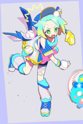 Rule 34 | 1girl, arm warmers, baseball, blue footwear, blush, chuppe, clothing cutout, commentary request, cropped shirt, fang, frown, full body, green eyes, green hair, grey background, idol time pripara, leaning forward, midriff, moudoku (decopon3rd), nijiiro nino, open mouth, pretty series, pripara, shirt, shoes, short hair, short sleeves, shoulder cutout, skirt, sneakers, standing, standing on one leg, sweatdrop, throwing, v-shaped eyebrows