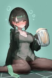 Rule 34 | 1girl, absurdres, alcohol, allmind (armored core 6), armored core, armored core 6, beer, beer mug, black gloves, black hair, black jacket, black pantyhose, blush, breasts, cleavage, collarbone, collared shirt, commentary request, cup, drunk, ear blush, earrings, ekrea jan, foam, gloves, green eyes, green necktie, grey shirt, hair ornament, hairpin, highres, jacket, jewelry, medium breasts, medium hair, miniskirt, mug, necktie, necktie removed, on floor, open clothes, open jacket, pantyhose, pencil skirt, personification, shirt, sitting, skirt, solo, tears, wariza, wide hips