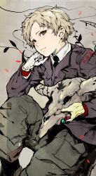 Rule 34 | 1boy, black necktie, blonde hair, brown eyes, cigarette, closed mouth, collared shirt, commentary request, gloves, green pants, grey background, head rest, highres, hiranko, holding, holding cigarette, jacket, light smile, long sleeves, looking at viewer, male focus, mole, mole under eye, necktie, original, pants, purple jacket, shirt, skull, smoke, smoking, solo, white gloves, wing collar