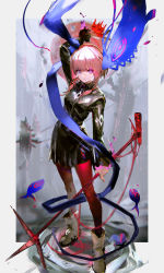 Rule 34 | 1girl, black jacket, boots, braid, closed mouth, dot nose, hand up, highres, holding, holding microphone stand, jacket, kaf (kamitsubaki studio), kamitsubaki studio, long sleeves, looking at viewer, microphone stand, pantyhose, pink hair, purple eyes, red pantyhose, so-bin, solo, twin braids, virtual youtuber, white footwear