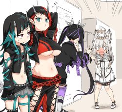 Rule 34 | 4girls, afterimage, animal, animal ear fluff, animal ears, animal on head, animare, arms up, belt, belt bra, black gloves, black hair, black jacket, black legwear, black pants, black skirt, black sports bra, blue belt, blue eyes, blue hair, blue panties, blush, braid, breasts, chain, chest belt, closed mouth, clothing cutout, commentary request, cowboy shot, cropped jacket, cross-laced clothes, cross-laced pants, cross-laced sleeves, demon girl, demon horns, demon tail, dog, dog on head, dress, ear chain, ear piercing, fang, flat chest, full body, garter straps, gloves, grey skirt, highleg, highleg panties, highres, horns, jacket, jewelry, kojo anna, kojo anna (1st costume), large breasts, layered skirt, long hair, long sleeves, looking at viewer, midriff, migchip, multicolored hair, multiple girls, musical note, nanashi inc., navel, nose blush, on head, open clothes, open jacket, panties, pants, piercing, pointy ears, purple hair, purple legwear, red eyes, red hair, ring, russian text, ryugasaki rene, ryugasaki rene (1st costume), shiromiya mimi, shishio chris, short hair, shoulder cutout, side braid, single thighhigh, skirt, sleeveless, sleeveless dress, sports bra, standing, sugar lyric, tail, thighhighs, twintails, two-tone hair, underboob, underwear, virtual youtuber, white dress, zipper skirt
