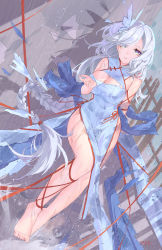 Rule 34 | 1girl, absurdres, ai dongdong, alternate costume, barefoot, blue dress, braid, breasts, cleavage, crying, dress, feet, genshin impact, grey hair, hair ornament, highres, large breasts, long hair, looking up, multicolored eyes, open mouth, rain, red ribbon, ribbon, shenhe (genshin impact), sitting, soles, solo, torn clothes, torn dress, wakamezake, wet