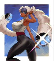 Rule 34 | 1girl, armpits, arms (game), ass, bad id, bad pixiv id, blue eyes, bracelet, breasts, covered erect nipples, curvy, dark-skinned female, dark skin, domino mask, drill hair, earrings, female focus, from behind, green eyes, hand on own hip, hip focus, huge ass, impossible clothes, impossible shirt, jewelry, large breasts, lens flare, lipstick, long hair, looking at viewer, looking back, makeup, mask, no bra, ontaros, out of frame, outside border, pants, prehensile hair, sagging breasts, sash, shirt, sketch, sleeveless, sleeveless turtleneck, solo, turtleneck, twin drills, twintails, twintelle (arms), very long hair, white hair, wide hips