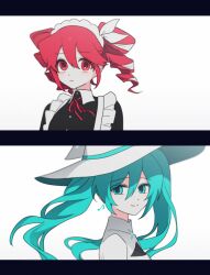 Rule 34 | 2girls, bbunny, black dress, blue eyes, blue hair, closed mouth, dress, drill hair, hat, hatsune miku, kasane teto, kasane teto (sv), long hair, long sleeves, looking at another, lower (vocaloid), maid, maid headdress, multiple girls, musical note earrings, neck ribbon, pink eyes, pink hair, pink ribbon, ribbon, sidelocks, simple background, smile, synthesizer v, twin drills, upper body, utau, very long hair, vocaloid, white background, white hat, witch hat