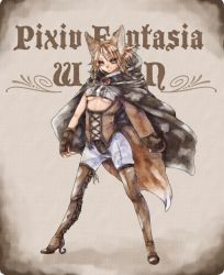 Rule 34 | 1girl, animal ears, asymmetrical clothes, boots, braid, breasts, brown eyes, brown hair, cloak, female focus, fingerless gloves, full body, gloves, gradient background, high heels, ofuji (m w), pixiv fantasia, pixiv fantasia wizard and knight, shoes, short hair, solo, standing, thigh boots, thighhighs, twin braids, underboob