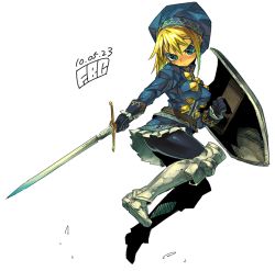 Rule 34 | 1girl, armor, armored boots, armored dress, belt, beret, black pantyhose, blonde hair, blue dress, blue eyes, blue gloves, blue hat, blush, boots, breasts, closed mouth, dated, dress, fantasy earth zero, fbc, full body, gloves, hat, headgear, holding, holding shield, holding sword, holding weapon, knee boots, long sleeves, looking at viewer, medium breasts, midair, nose blush, pantyhose, serious, shield, short hair, signature, simple background, solo, sword, unsheathed, weapon, white background