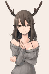 Rule 34 | 1girl, animal ears, antlers, aran sweater, bad id, bad pixiv id, bare shoulders, breasts, brown eyes, brown hair, cable knit, cleavage, collarbone, commentary, hair between eyes, hand up, highres, holding own arm, horns, koretsuki aduma, long hair, looking at viewer, matching hair/eyes, medium breasts, off-shoulder, off-shoulder sweater, off shoulder, original, simple background, smile, solo, sweater, tan background, upper body