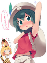 Rule 34 | &lt;|&gt; &lt;|&gt;, 10s, 2girls, :3, ^^^, animal ears, arm behind head, arm up, armpits, backpack, bag, black gloves, blush, bucket hat, embarrassed, flying sweatdrops, gloves, green eyes, green hair, hat, hat feather, highres, kaban (kemono friends), kemono friends, looking at viewer, makuran, midriff peek, multiple girls, navel, red shirt, serval (kemono friends), serval tail, shirt, short hair, shorts, simple background, tail, translated, white background, white shorts