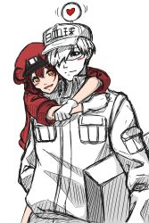 Rule 34 | arms around neck, baseball cap, black eyes, blush, blush stickers, box, breast pocket, cabbie hat, carrying, carrying under arm, commentary, couple, english commentary, gloves, hair between eyes, happy, hat, hataraku saibou, heart, highres, hug, hug from behind, jacket, kurankira kei, light smile, looking ahead, looking at viewer, motion lines, pale skin, pants, parted lips, pocket, raised eyebrows, red hair, red headwear, red jacket, shaded face, shirt, short hair, sign, simple background, sketch, smile, translated, upper body, white background, white gloves, white hair, white headwear, white legwear, white shirt, yellow eyes