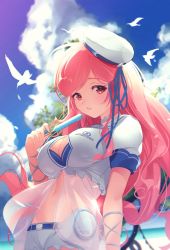 Rule 34 | arm at side, bird, blue sky, breasts, choker, cleavage, cleavage cutout, clothing cutout, cloud, cloudy sky, cross-laced clothes, day, dutch angle, feathers, food, fu-mi.a, hair ribbon, hat, highres, large breasts, long hair, looking at viewer, midriff, navel, outdoors, parted lips, pink eyes, pink hair, popsicle, rasis, ribbon, short shorts, short sleeves, shorts, sidelocks, sky, solo, sound voltex, swept bangs, very long hair