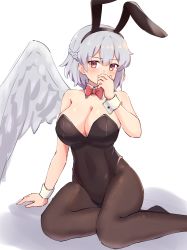Rule 34 | 1girl, absurdres, animal ears, black hairband, black leotard, black pantyhose, blush, bow, bowtie, breasts, cleavage, covering own mouth, detached collar, fake animal ears, feathered wings, forneus 0, hairband, highres, kishin sagume, large breasts, leotard, looking at viewer, pantyhose, playboy bunny, rabbit ears, red bow, red bowtie, red eyes, short hair, silver hair, simple background, single wing, sitting, solo, touhou, white background, wings, wrist cuffs