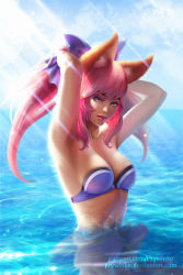 Rule 34 | 10s, 1girl, adjusting hair, animal ears, arms up, bikini, breasts, brown eyes, fate/extra, fate (series), fox ears, hair ribbon, highres, lipstick, makeup, medium breasts, mole, mole on breast, mole on stomach, mole under eye, navel, partially submerged, pink hair, ponytail, prywinko, red lips, reflecting pool, reflection, reflective water, ribbon, smile, solo, strapless, strapless bikini, sunlight, swimsuit, tamamo (fate), tamamo no mae (fate/extra), upper body, watermark, web address