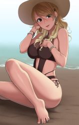 Rule 34 | 1girl, :d, arm up, bare legs, barefoot, beach, black eyes, black one-piece swimsuit, blonde hair, blush, bracelet, braid, breasts, clothing cutout, earrings, eyes visible through hair, hair over one eye, halterneck, hand in own hair, hand on own chest, hat, highres, idolmaster, idolmaster shiny colors, izumi mei, jewelry, large breasts, long hair, looking at viewer, nail polish, navel cutout, ocean, one-piece swimsuit, open mouth, otsuki38, outdoors, sand, side-tie swimsuit, sitting, sleeveless, smile, solo, sun hat, swimsuit, toenail polish, toenails, water
