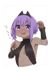 Rule 34 | 1girl, :d, armpits, bare shoulders, black leotard, black sleeves, blush, center opening, cropped torso, dark-skinned female, dark skin, detached sleeves, fang, fate/prototype, fate/prototype: fragments of blue and silver, fate (series), grey background, hair between eyes, hassan of serenity (fate), i.u.y, leotard, long sleeves, nose blush, open mouth, purple eyes, purple hair, simple background, sleeves past wrists, smile, solo, translation request, two-tone background, upper body, white background