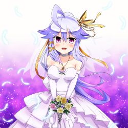 Rule 34 | 1up (solid2), absurdres, ahoge, blush, breasts, collarbone, dress, falling feathers, feathers, flower knight girl, highres, long hair, looking at viewer, open mouth, purple eyes, purple hair, solo, sumire (flower knight girl), wedding dress