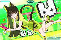 Rule 34 | 1girl, absurdres, animal ears, animification, aqua nails, black eyes, black hair, blunt bangs, brown hair, cat ears, cat girl, cat tail, cellphone, cellphone charm, charm (object), closed mouth, flip phone, green footwear, green shirt, green skirt, haerin (newjeans), health bar, highres, holding, holding phone, jewelry, long hair, nail polish, necklace, newjeans, phone, shirt, shoe dangle, short sleeves, skirt, slit pupils, solo, tail, teru2307