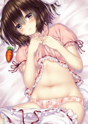 Rule 34 | 1girl, animal ears, bad id, bad pixiv id, bed sheet, bloomers, bloomers pull, blush, breasts, brown eyes, brown hair, carrot, carrot necklace, clothes lift, dress, dress lift, highres, inaba tewi, jewelry, lying, navel, necklace, on back, panties, panties under bloomers, pendant, pink panties, print panties, rabbit ears, rabbit girl, rabbit tail, red eyes, small breasts, solo, tail, touhou, underwear, wataru (zazazazazazawa)